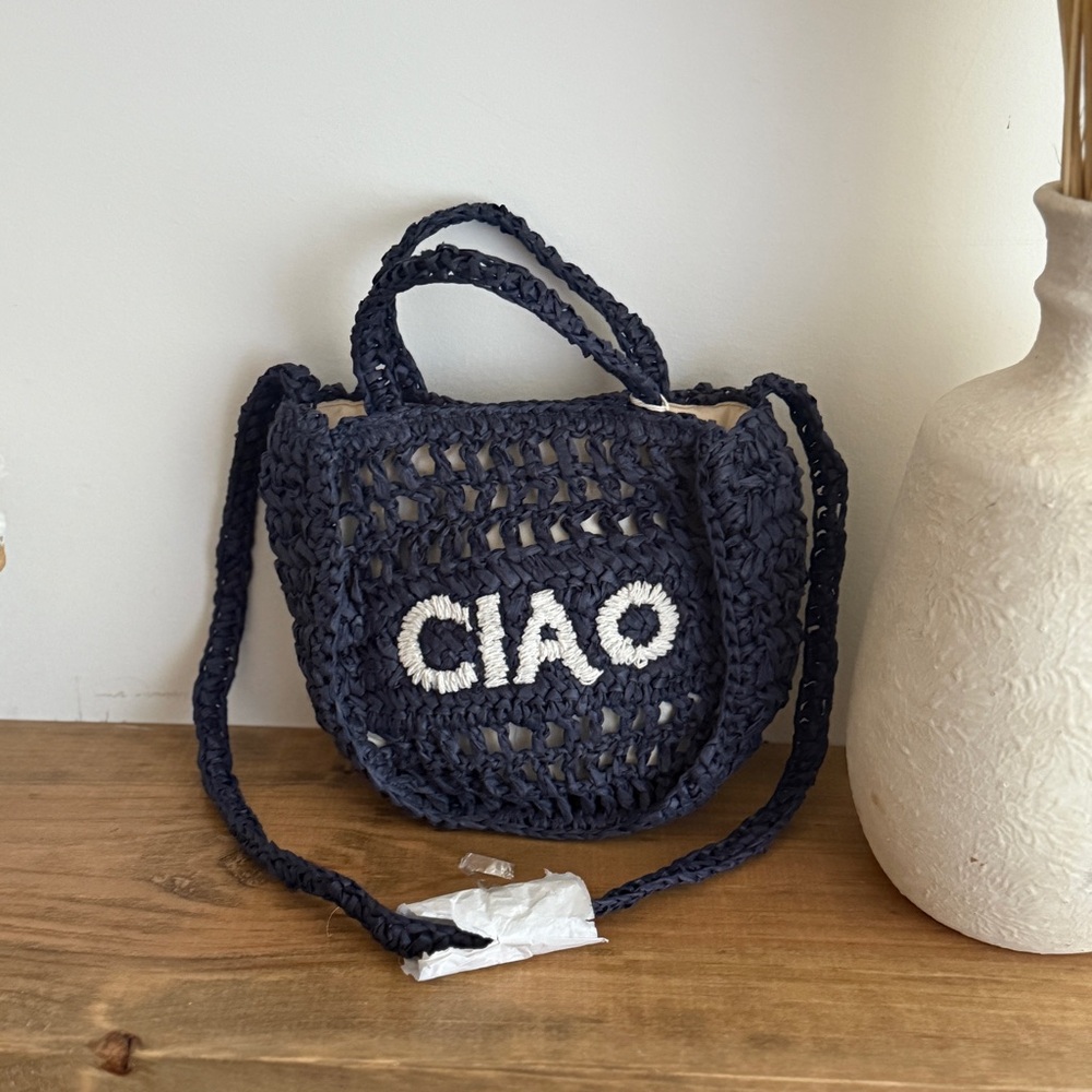 Navy Blue Top Handle Crochet Bag Paper Straw